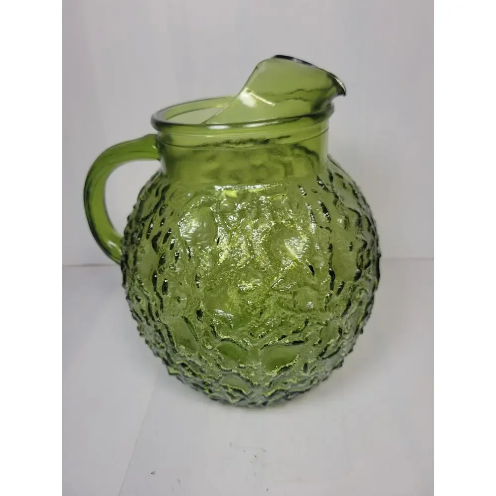 Vintage Pitcher Milano Lido Avocado Green Anchor Hocking Crinkle Glass